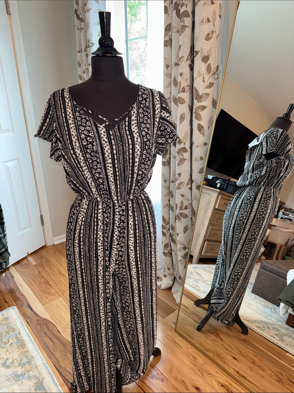 Black & White Vertical-Stripe Wide-Leg Jumpsuit
